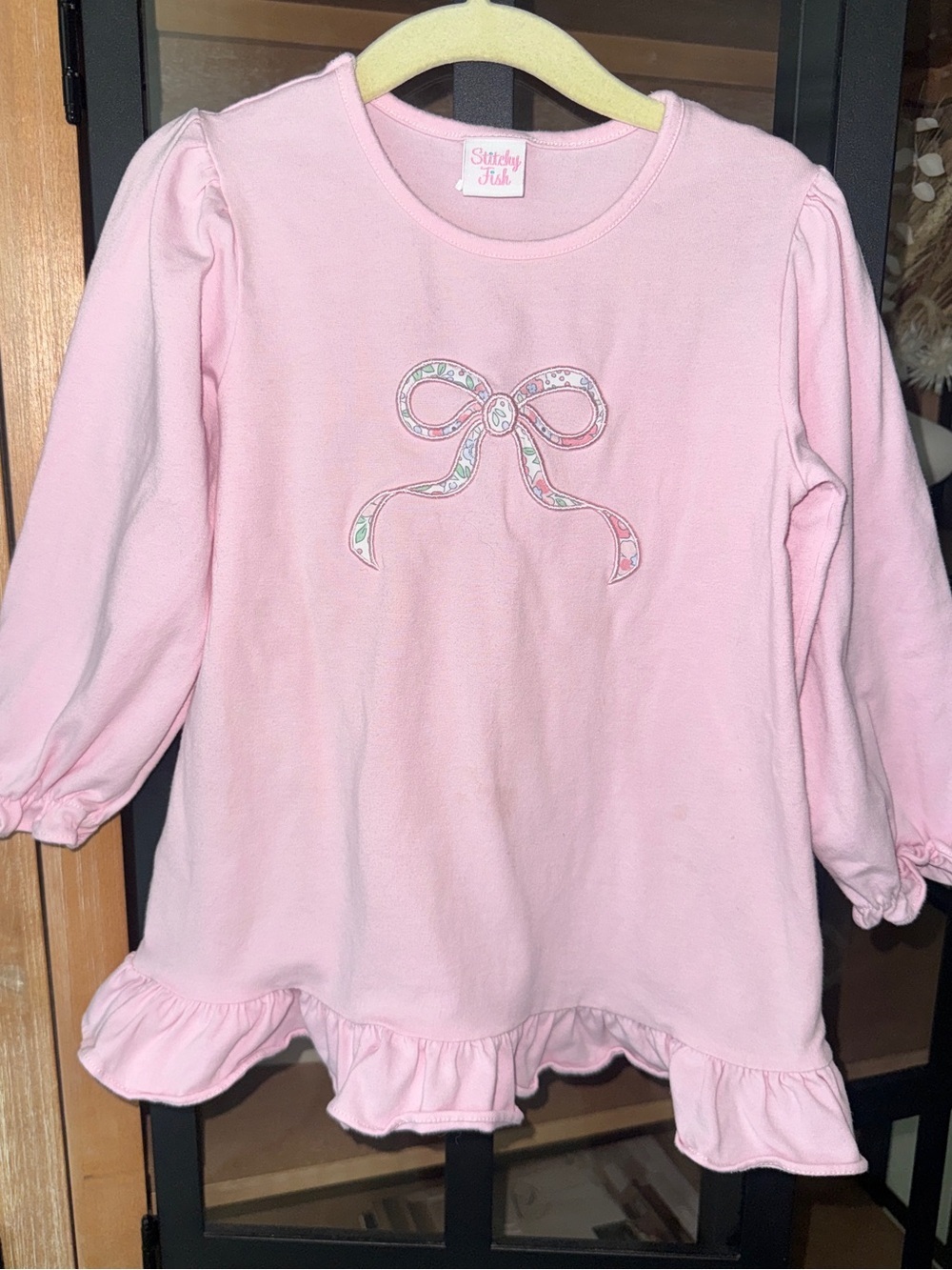Stitchy fish bow applique embroidered dress long sleeve toddler girl ruffle